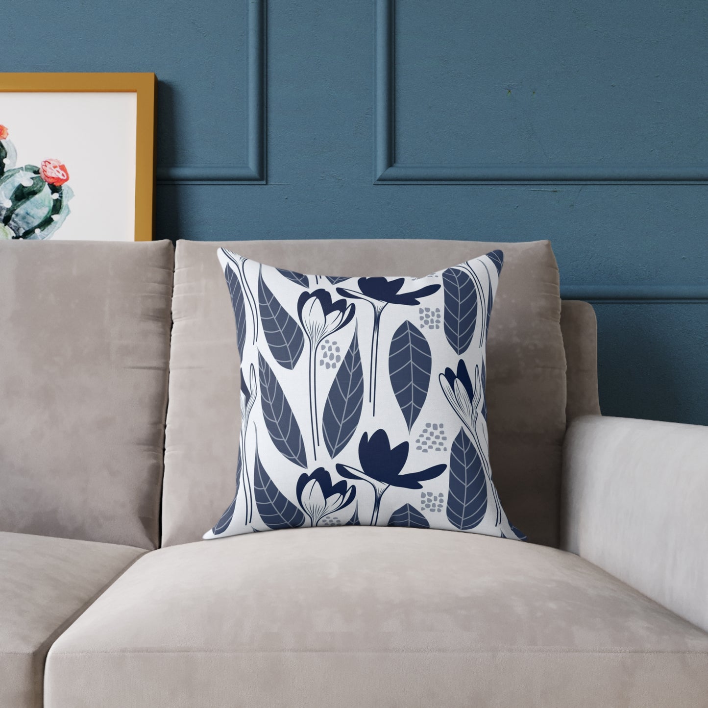 Minimalist Navy Blue Floral Throw Pillow – Modern Botanical Cushion