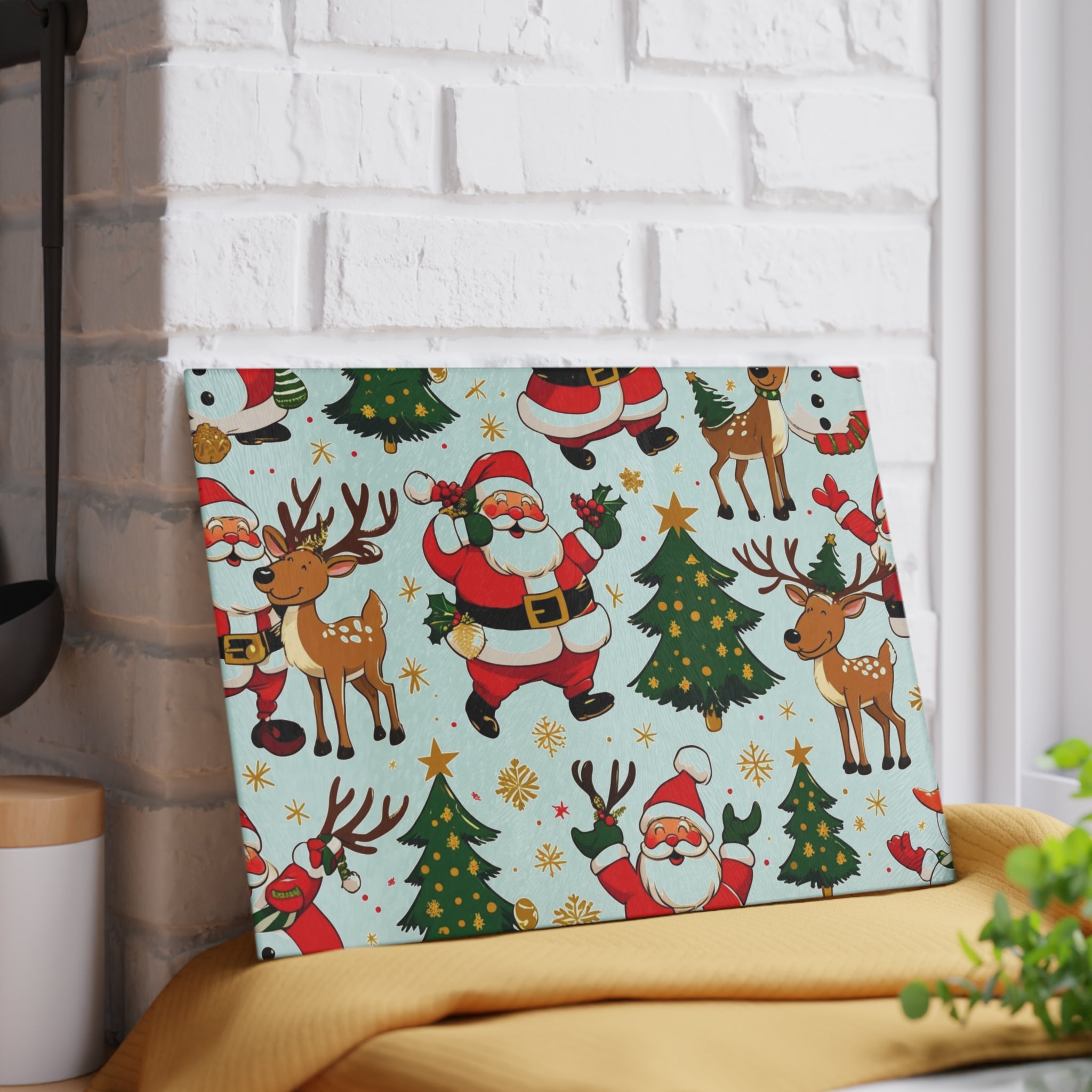 Christmas Cutting Board with Santa, Reindeer, and Tree Design