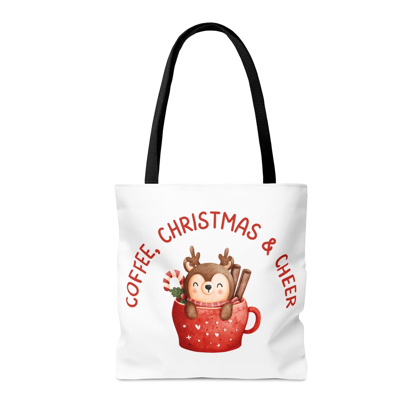 Tote Bag – COFFEE, CHRISTMAS & CHEER Reindeer Design – Gift for Holiday Shoppers, Winter Coffee Lovers