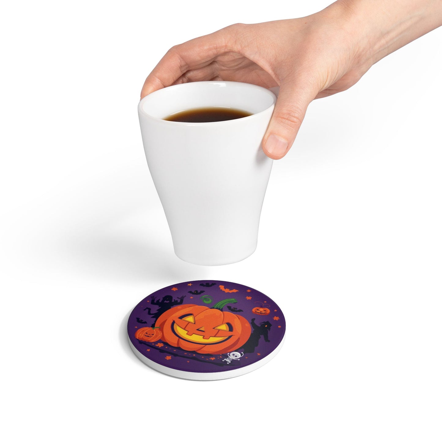 Colorful Halloween Ceramic Coaster with Pumpkin and Skeleton Design