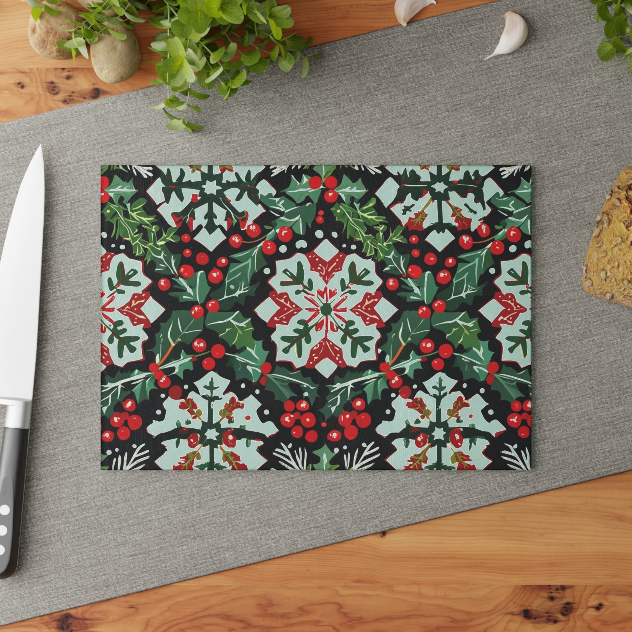 Festive Christmas Cutting Board with Holly and Berry Pattern