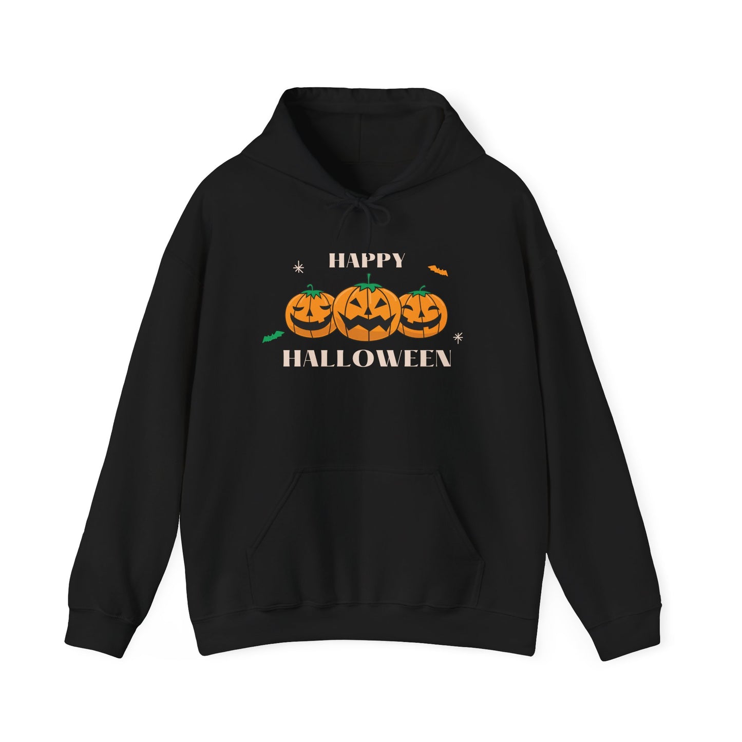 Happy Halloween" Pumpkin Trio Hoodie – Festive & Cozy for Spooky Season