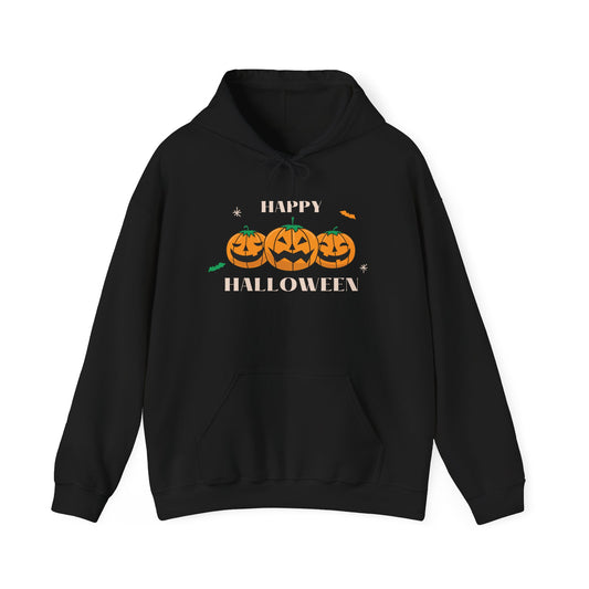 Happy Halloween" Pumpkin Trio Hoodie – Festive & Cozy for Spooky Season