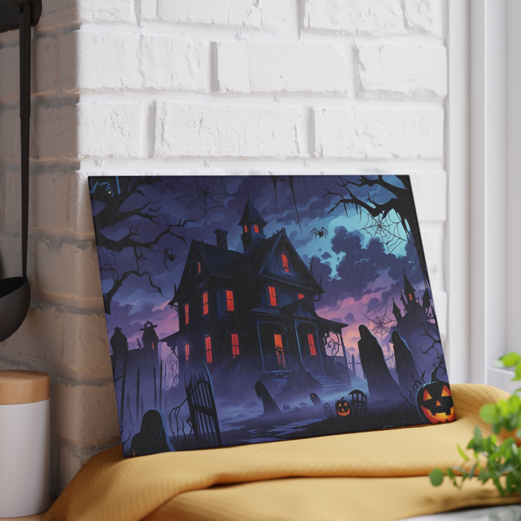 Spooky Halloween Cutting Board with Haunted House and Pumpkins