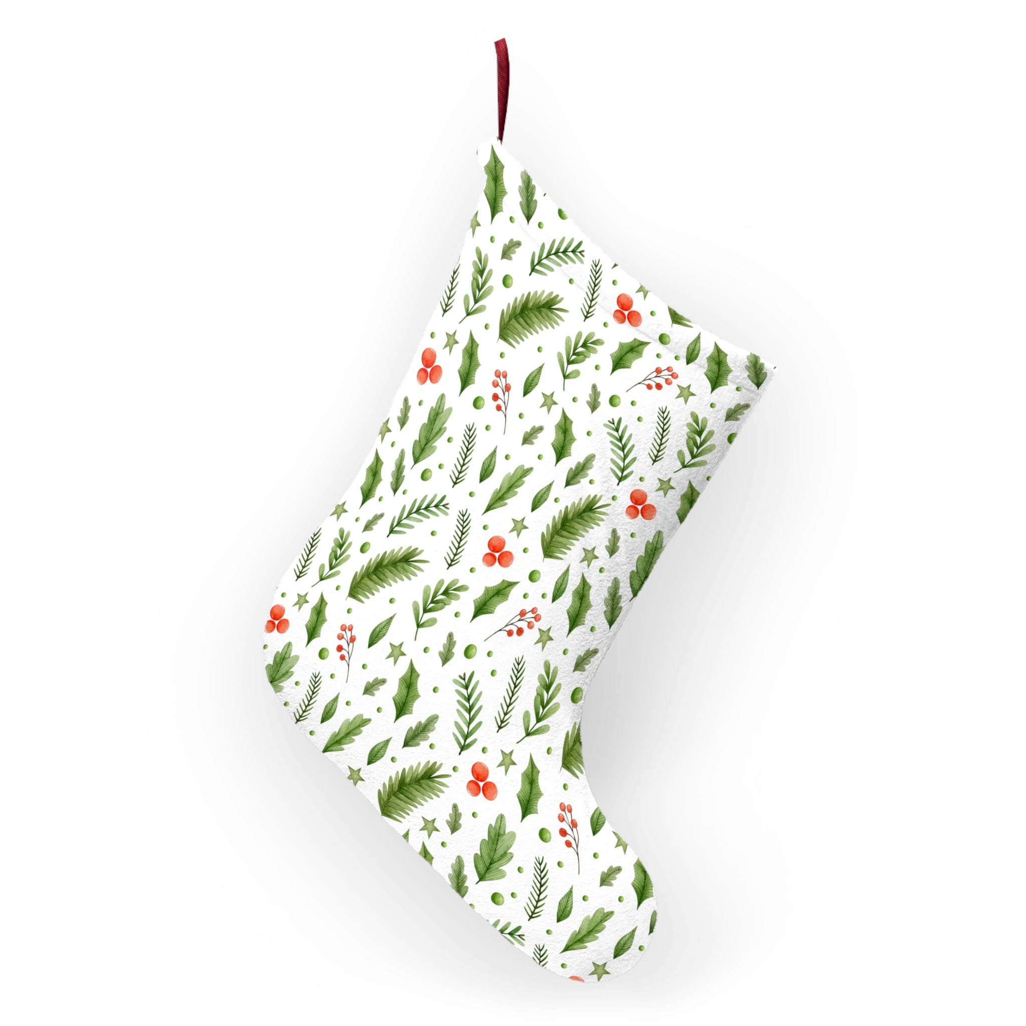 Botanical Christmas Stocking – White Background with Holly, Ferns & Red Berries