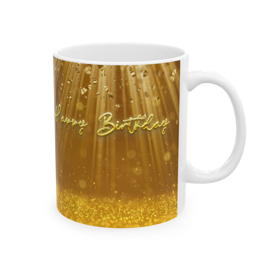 Happy Birthday Mug – Gold Glitter Confetti Design, 11oz & 15oz Ceramic Coffee Cup, Birthday Gift