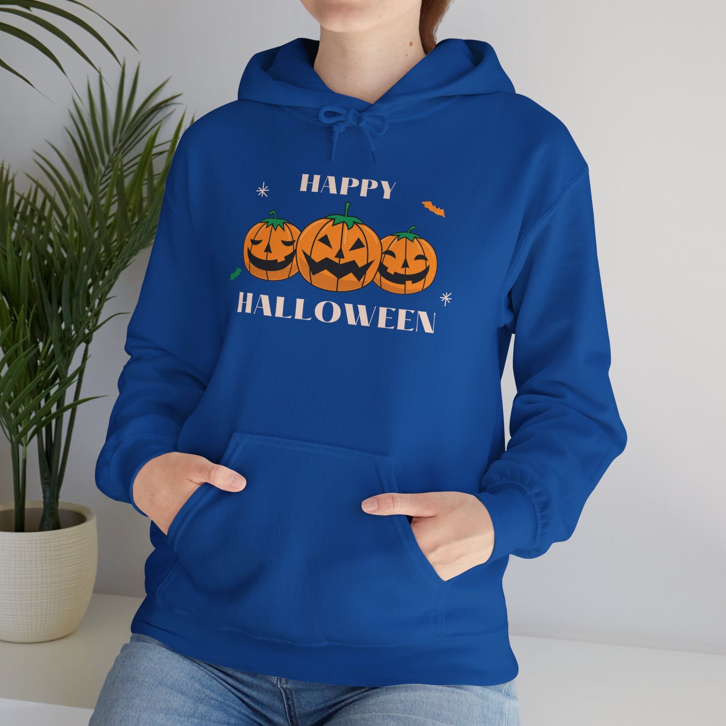 Happy Halloween" Pumpkin Trio Hoodie – Festive & Cozy for Spooky Season