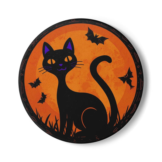 Whimsical Halloween Ceramic Coaster with Black Cat Design
