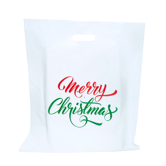 16x18 Pack of 100 Merry Christmas Printed White Plastic Gift Bags 1.75 Mil With Die Cut