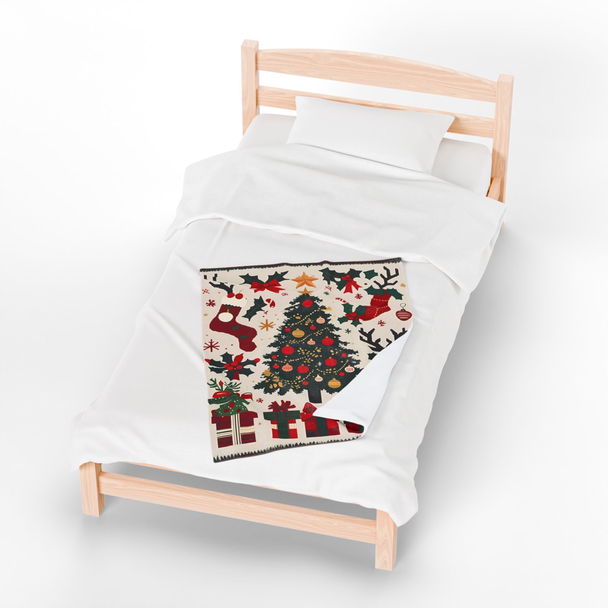 Christmas Tree Velveteen Plush Blanket – Holiday Stockings, Gifts & Holly Print Throw