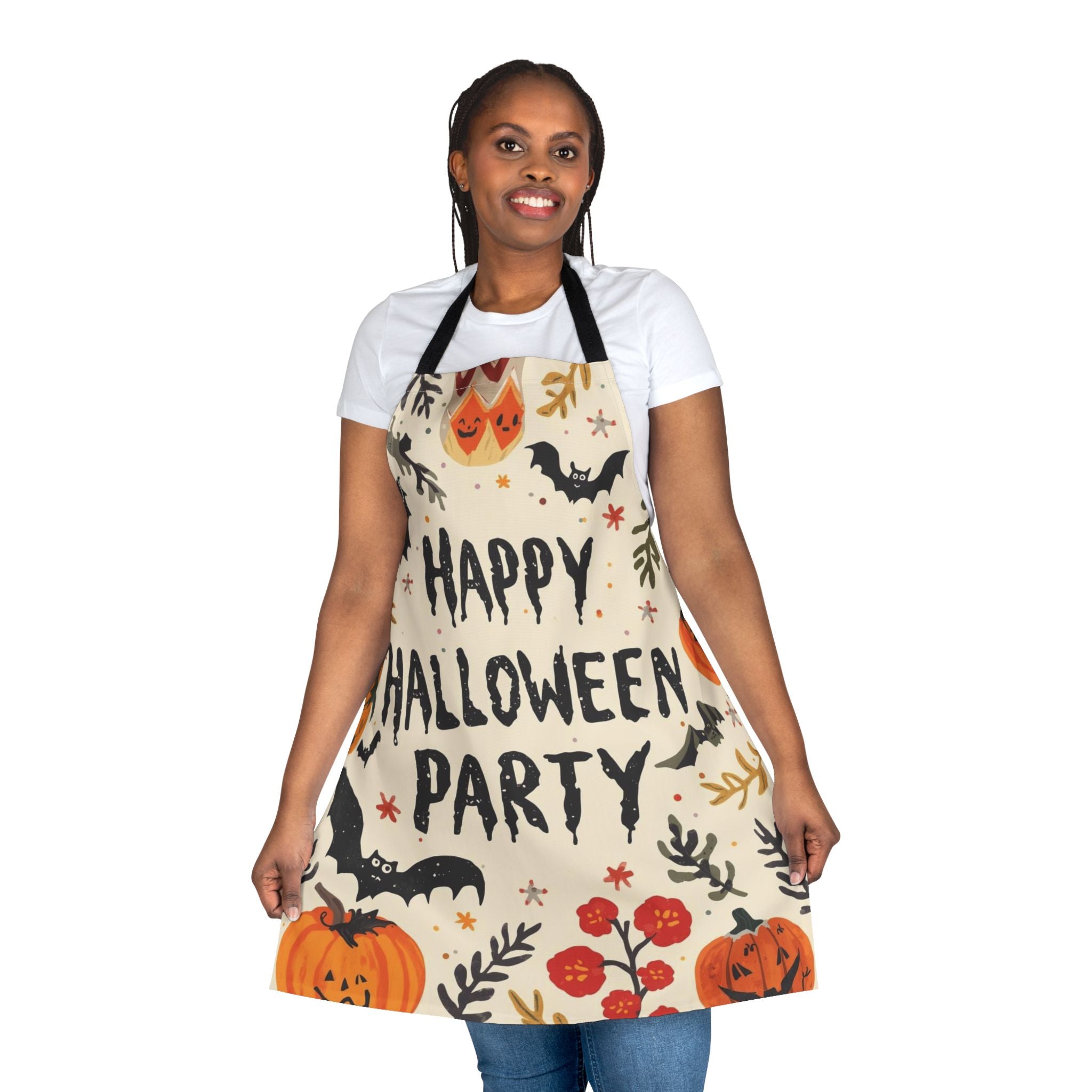 Happy Halloween Party Apron – Colorful Pumpkins, Bats & Autumn Leaves