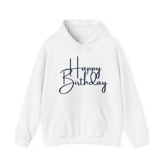 Happy Birthday Printed Unisex Heavy Blend™ Hooded Sweatshirt, White & Black