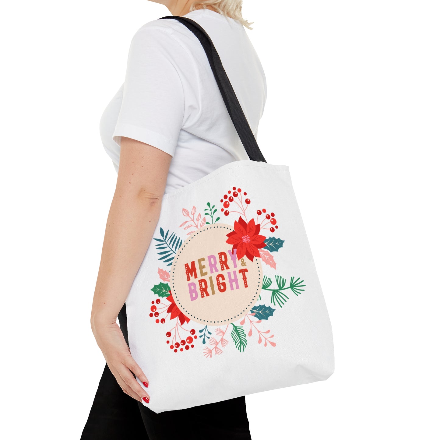 Tote Bag – MERRY & BRIGHT Floral Design – Gift for Christmas, Holiday Shopping, Winter Outings
