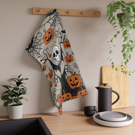 Smiling Skeleton Halloween Tea Towel – Jack-O’-Lantern and Cobweb Design