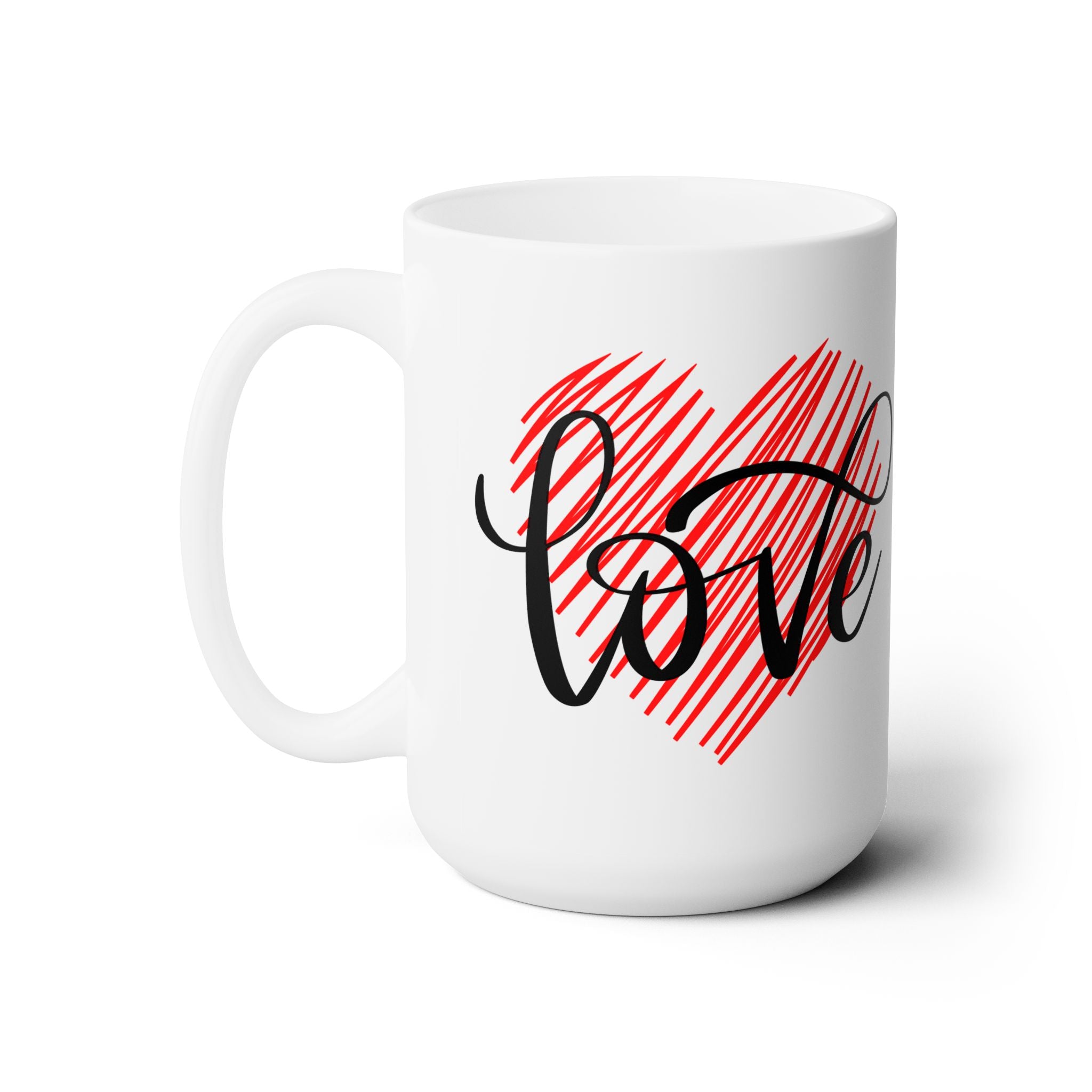 Ceramic Mug with Diagonal Heart & Love Script – Customizable White Promo Mug