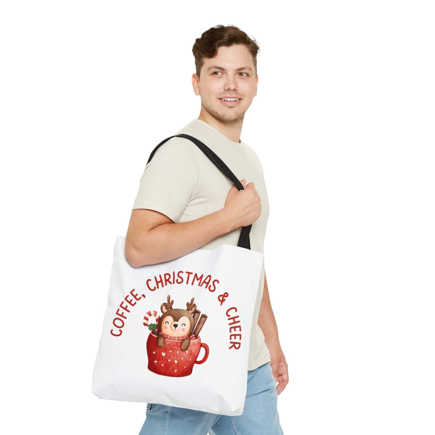 Tote Bag – COFFEE, CHRISTMAS & CHEER Reindeer Design – Gift for Holiday Shoppers, Winter Coffee Lovers