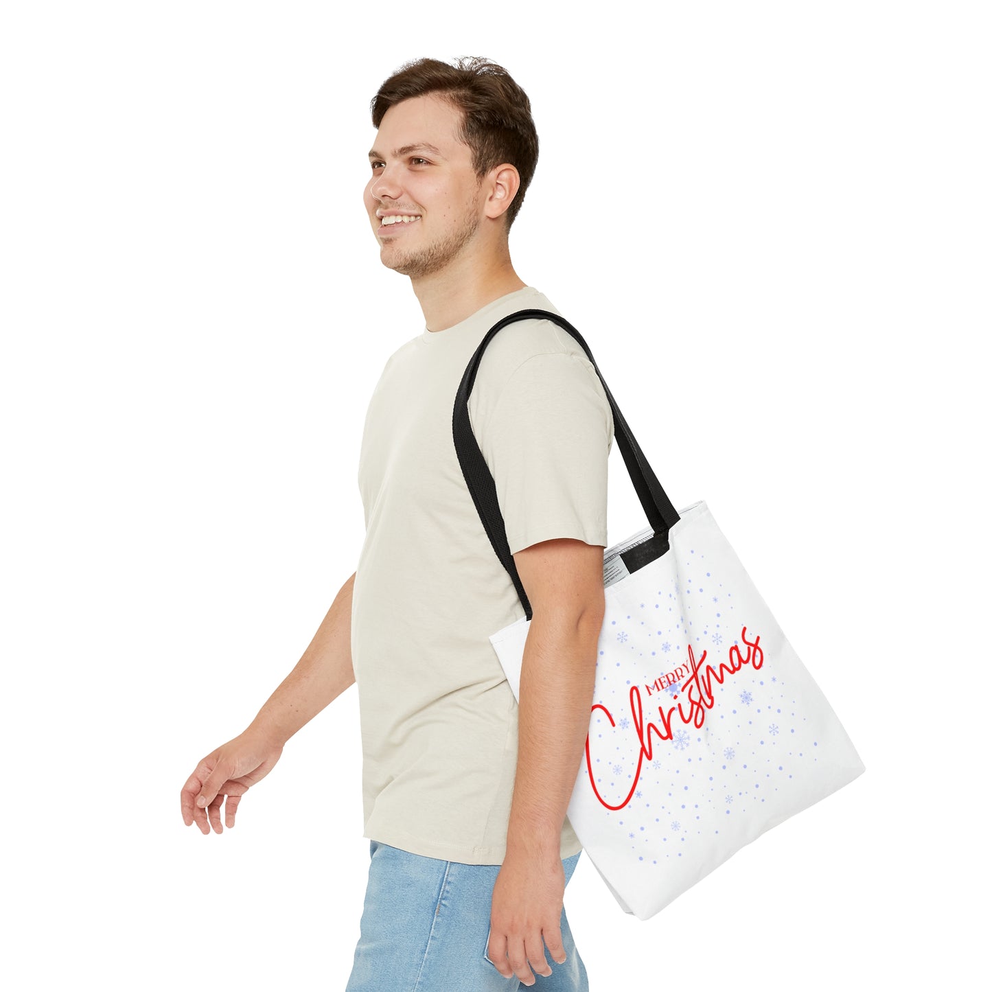 Tote Bag – Red “MERRY Christmas” Text with Snowflake Pattern – Holiday Gift for Seasonal Shoppers