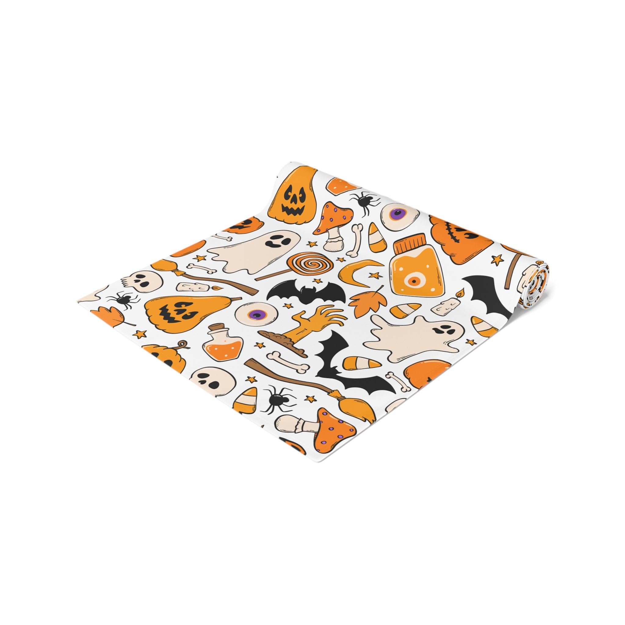 Halloween Table Runner – Halloween Icons in Orange & Black – Spooky Table Decor for Trick-or-Treat Hosting