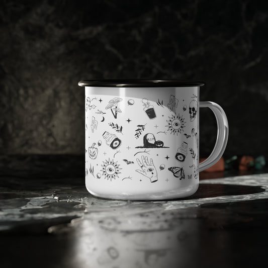 Mystical Skull Enamel Camp Cup – Black Illustration Design