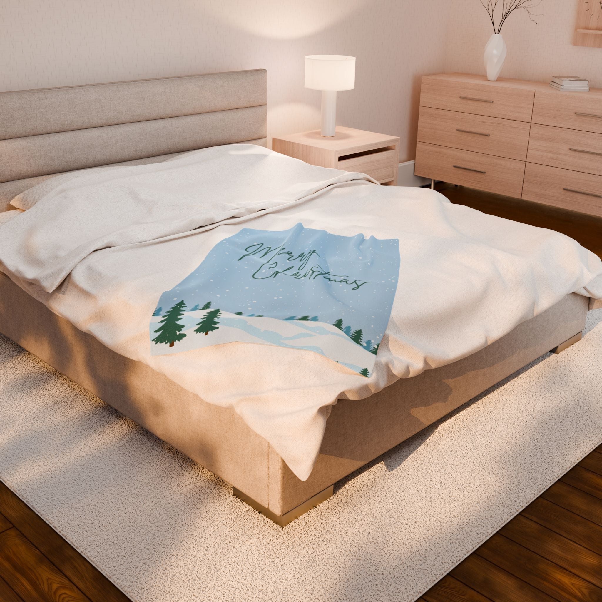 Merry Christmas Printed Velveteen Plush Blanket, Sky Blue