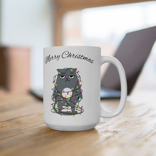 Ceramic Mug – Gray Cat Wrapped in Christmas Lights with “Merry Christmas” Text – Gift for Cat Lovers & Holiday Sippers