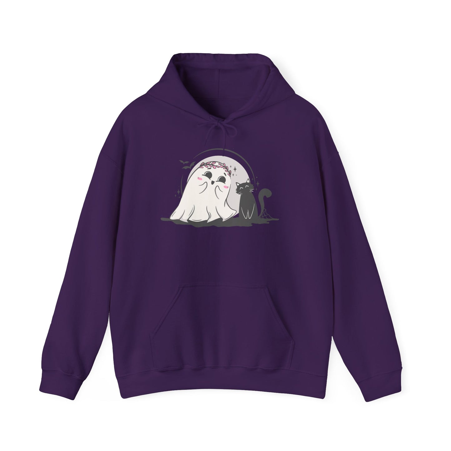 Floral Ghost & Black Cat Hoodie – Cute Halloween Companions