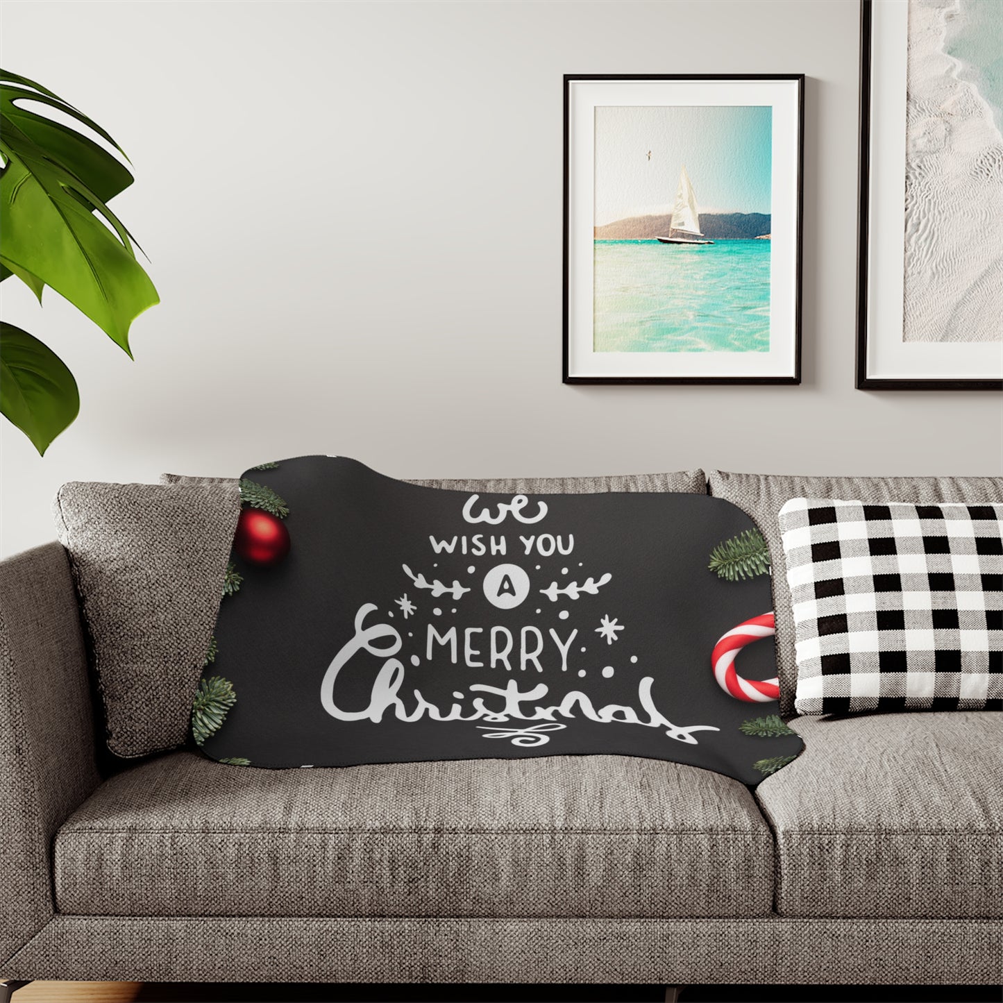 Wish You Merry Christmas in Black Printed Sherpa Blanket