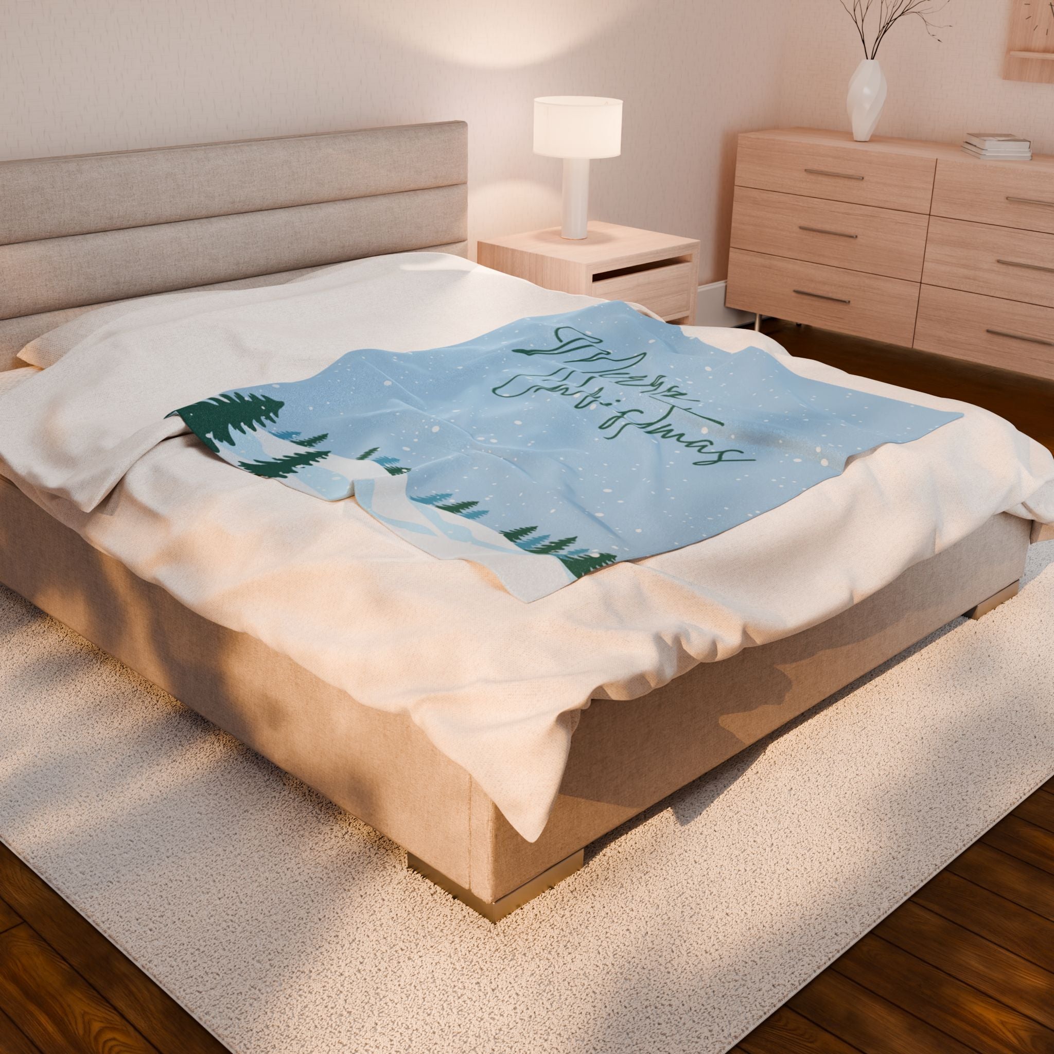 Merry Christmas Printed Velveteen Plush Blanket, Sky Blue