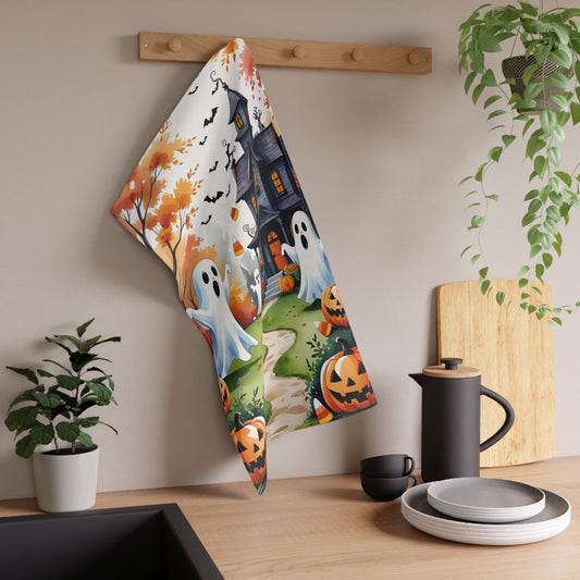Playful Ghosts Halloween Tea Towel – Haunted House, Pumpkins, and Autumn Leaves