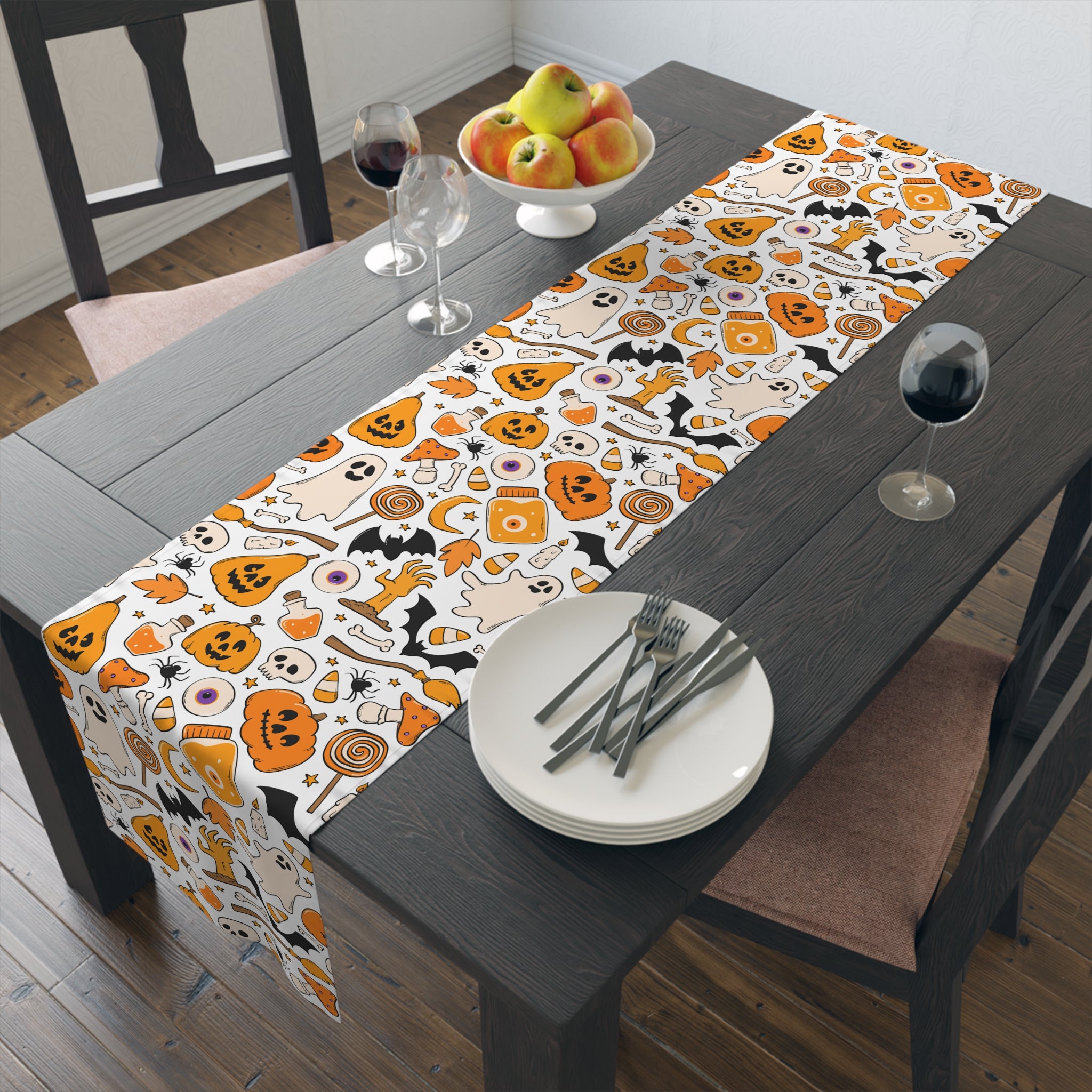 Halloween Table Runner – Halloween Icons in Orange & Black – Spooky Table Decor for Trick-or-Treat Hosting