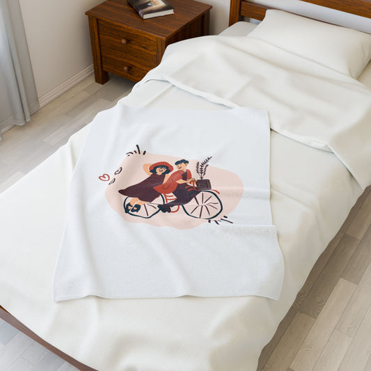 Couple on Cycle Printed Velveteen Plush Blanket