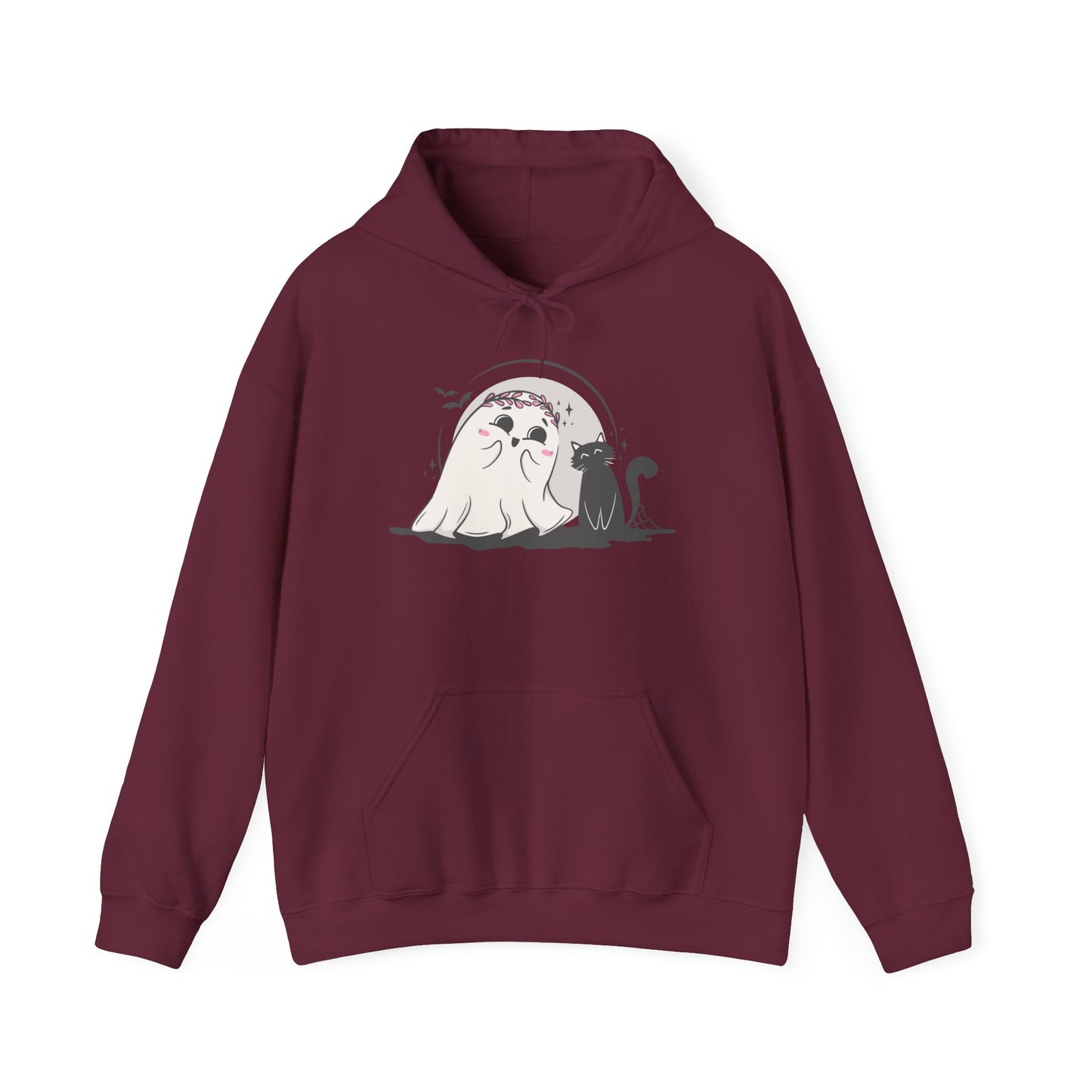 Floral Ghost & Black Cat Hoodie – Cute Halloween Companions