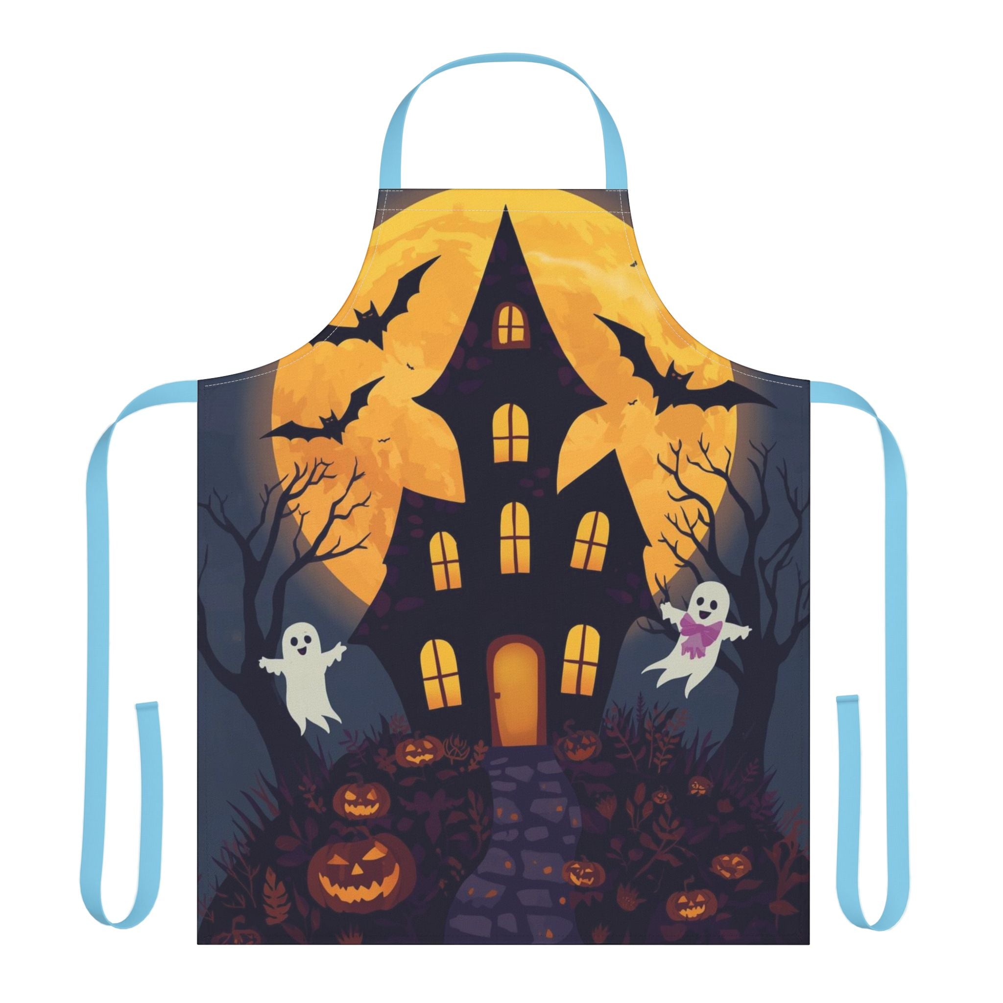 Halloween Apron with Haunted House, Ghosts, and Pumpkin Design
