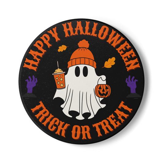 Happy Halloween Ceramic Coaster – Cute Ghost with Pumpkin and Trick or Treat Text