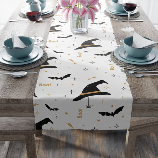 White & Gold Halloween Table Runner – Witchy Spooky Dining Decor
