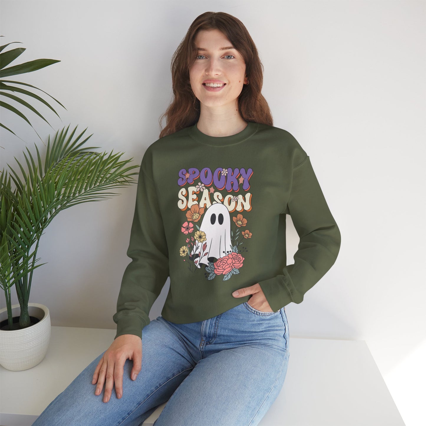 Spooky Season Floral Ghost Sweatshirt – Cozy Halloween Blooms