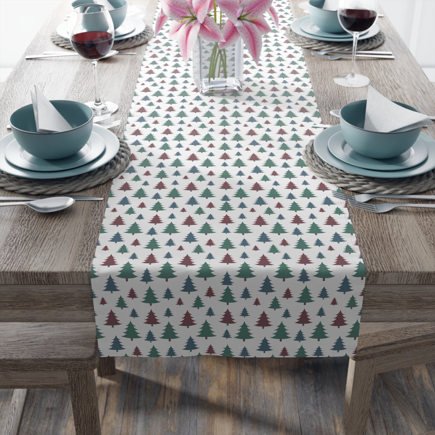 Christmas Table Runner, Green Pine Tree Pattern, Festive Holiday Dining Decor, White Background, Seasonal Table Linen