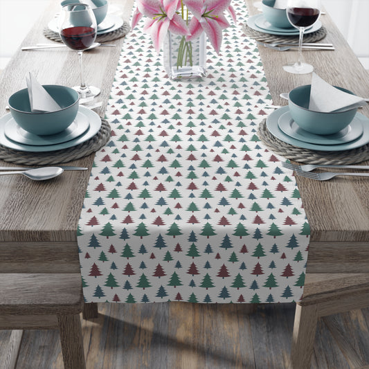 Christmas Table Runner, Green Pine Tree Pattern, Festive Holiday Dining Decor, White Background, Seasonal Table Linen