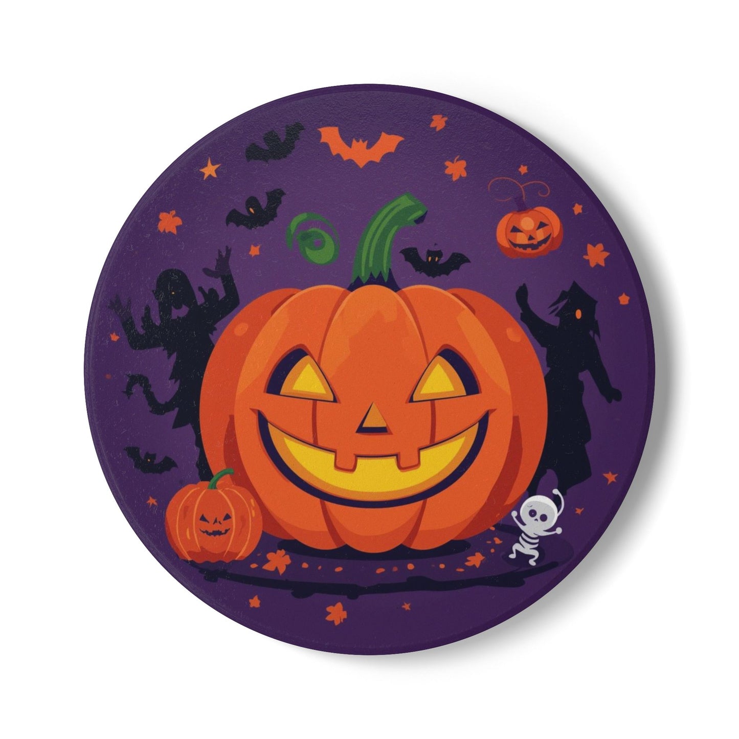 Colorful Halloween Ceramic Coaster with Pumpkin and Skeleton Design
