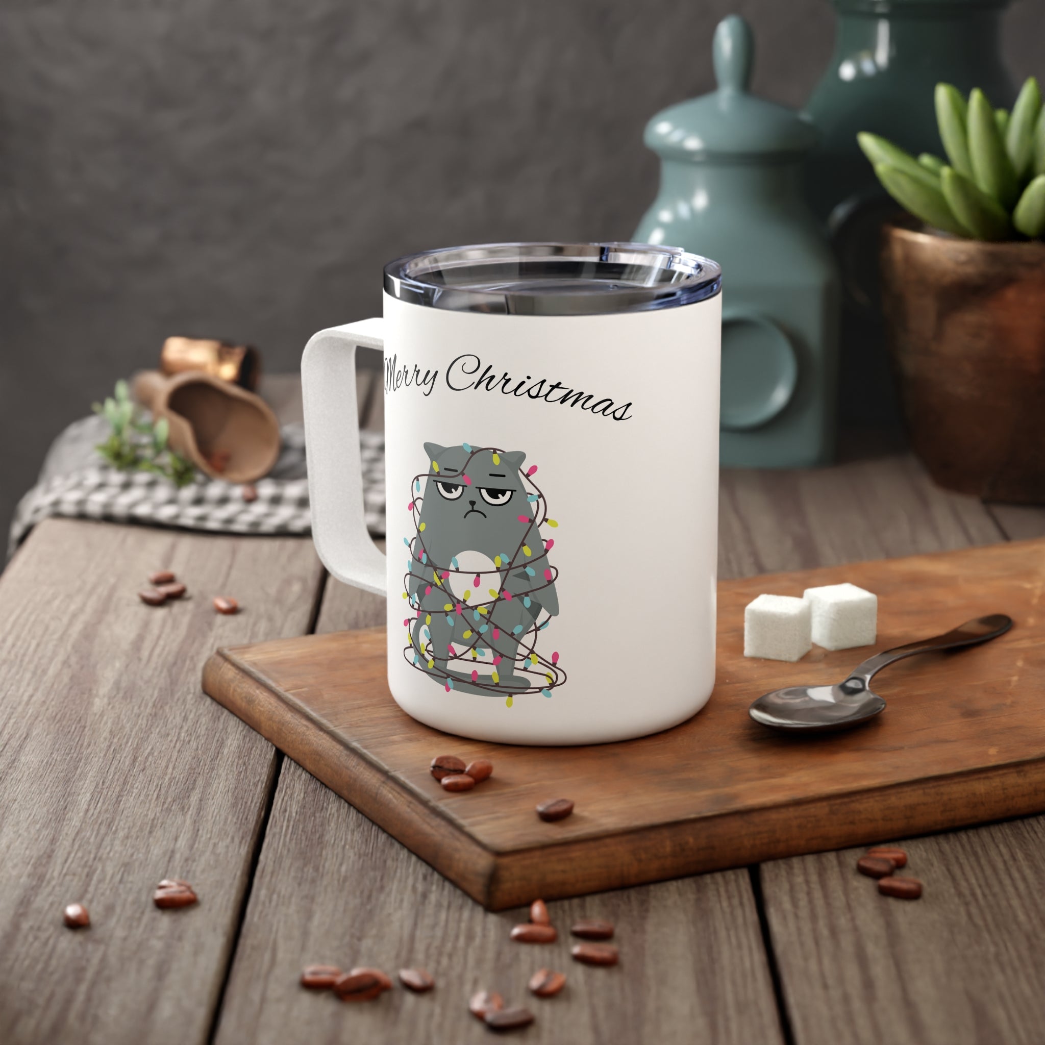 10oz Insulated Travel Mug – Grumpy Cat Christmas Lights Design – Gift for Holiday Travelers & Coffee Lovers