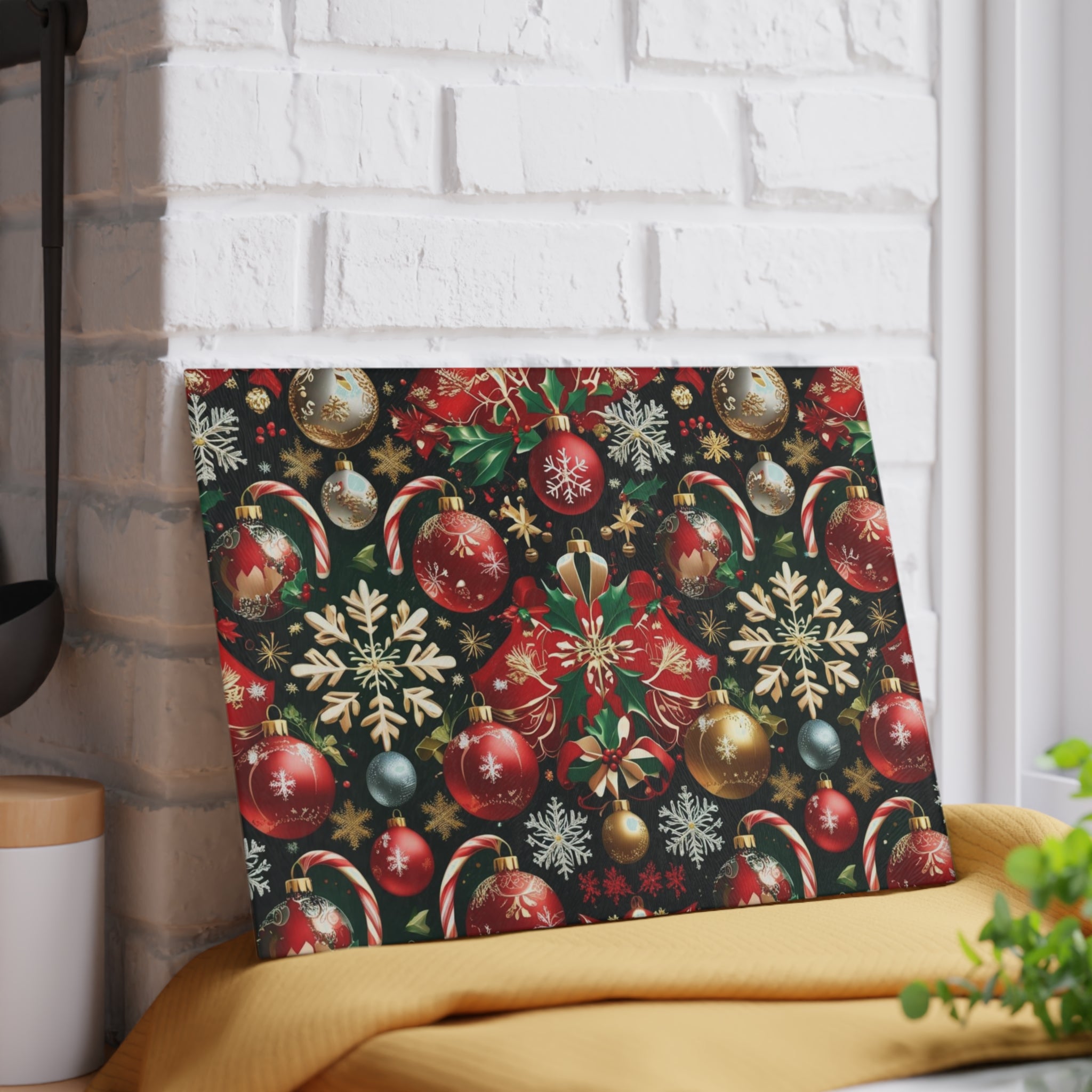 Christmas Cutting Board with Holly and Ornament Design