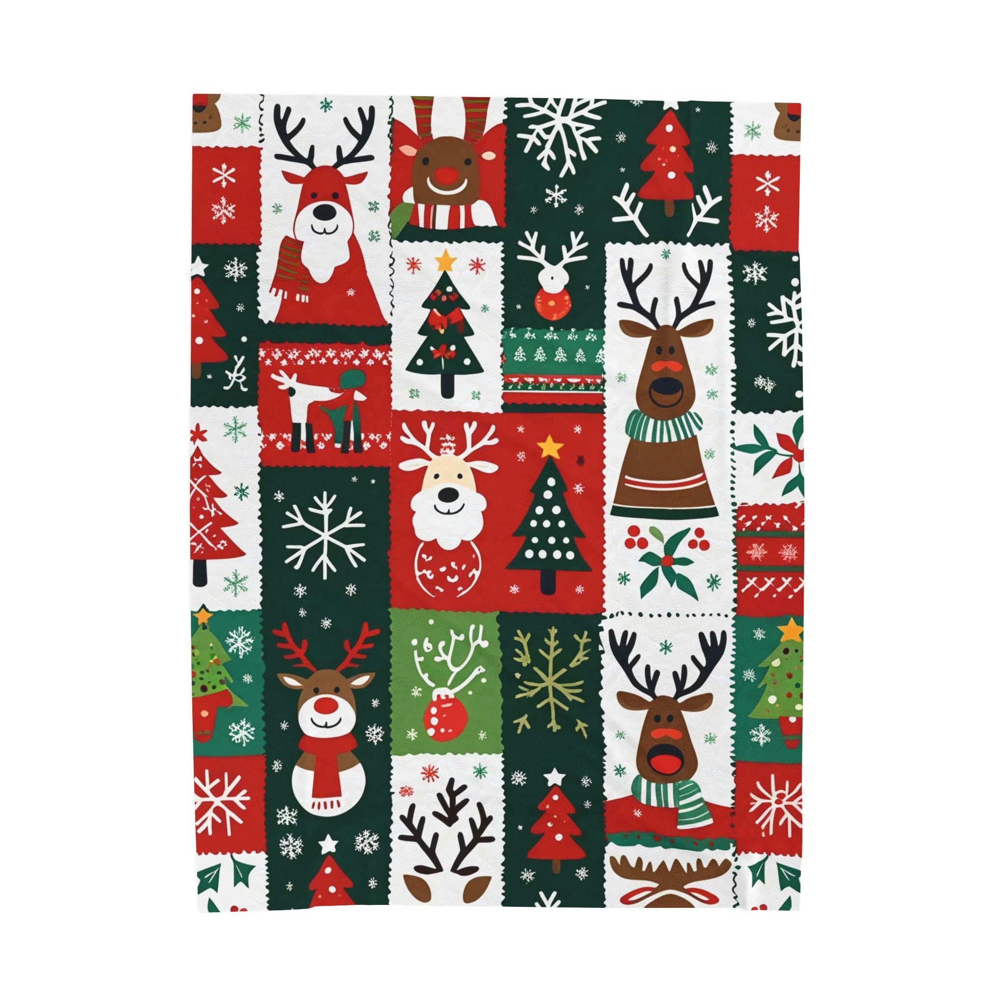 Patchwork Christmas Velveteen Plush Blanket – Reindeer, Trees & Snowflake Holiday Print