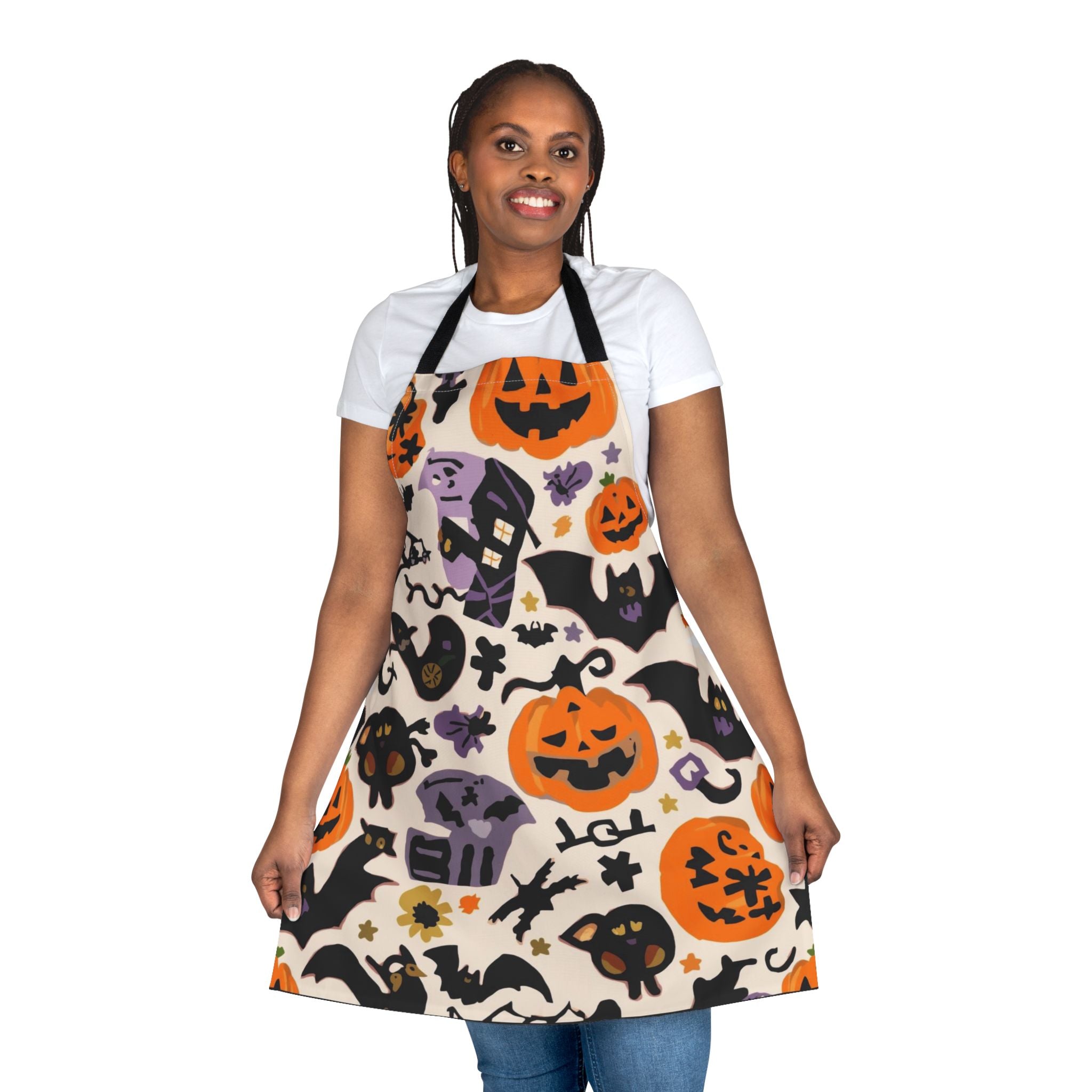 Halloween Pumpkin & Ghost Apron – Bats, Skulls & Spider Webs