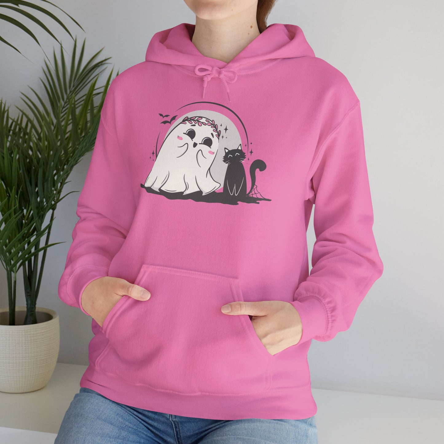 Floral Ghost & Black Cat Hoodie – Cute Halloween Companions