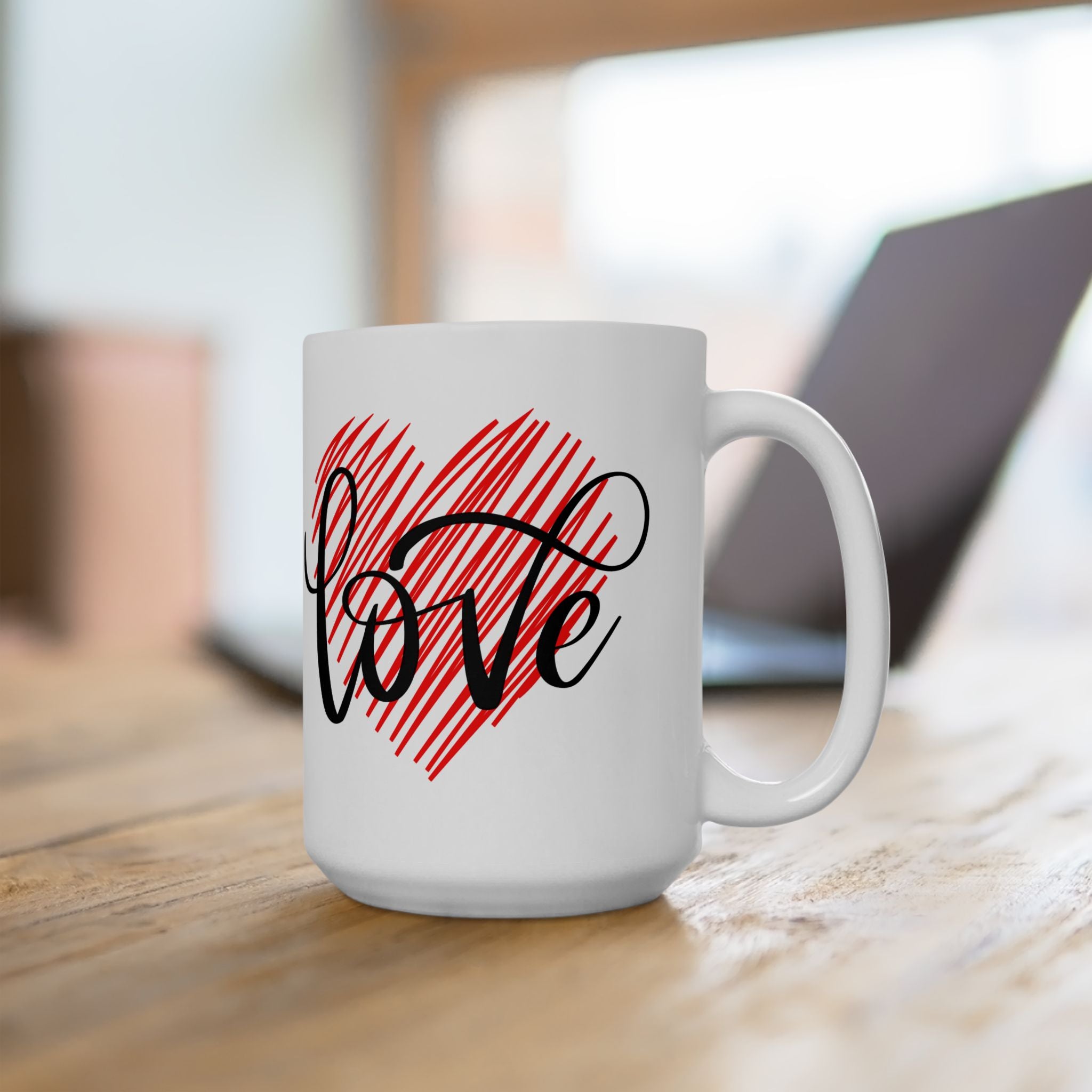 Ceramic Mug with Diagonal Heart & Love Script – Customizable White Promo Mug