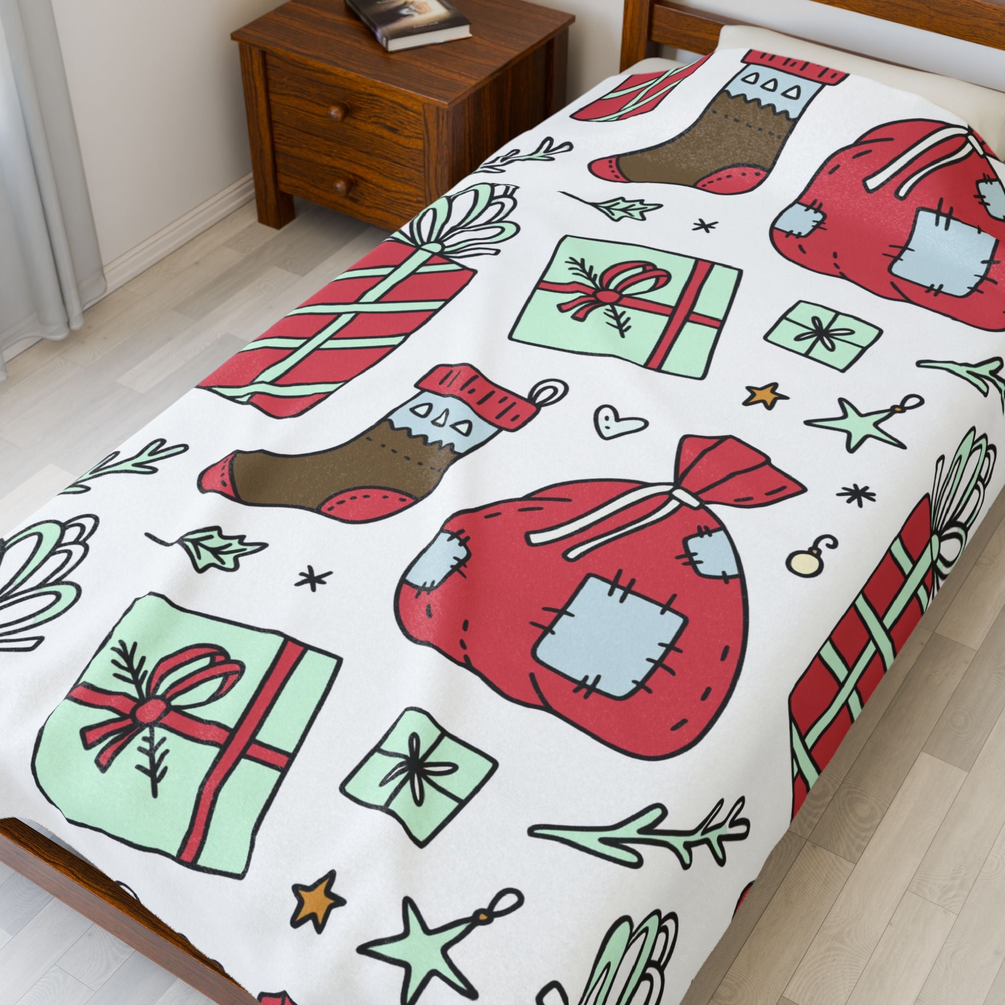 Gift Bag & Candy Cane Velveteen Plush Blanket – Festive Christmas Present Pattern