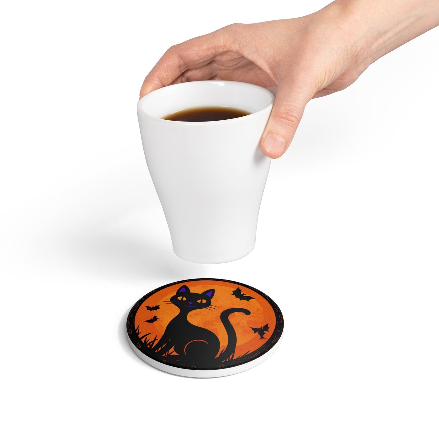 Whimsical Halloween Ceramic Coaster with Black Cat Design