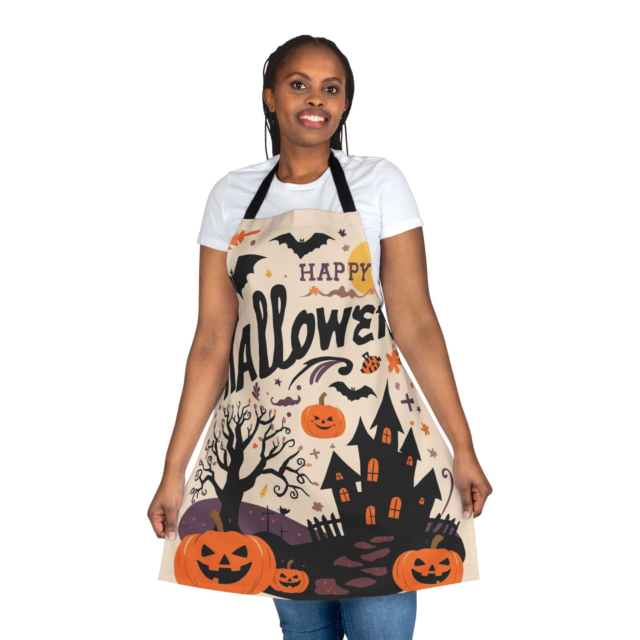 Happy Halloween Apron – Pumpkins, Haunted House & Spooky Tree