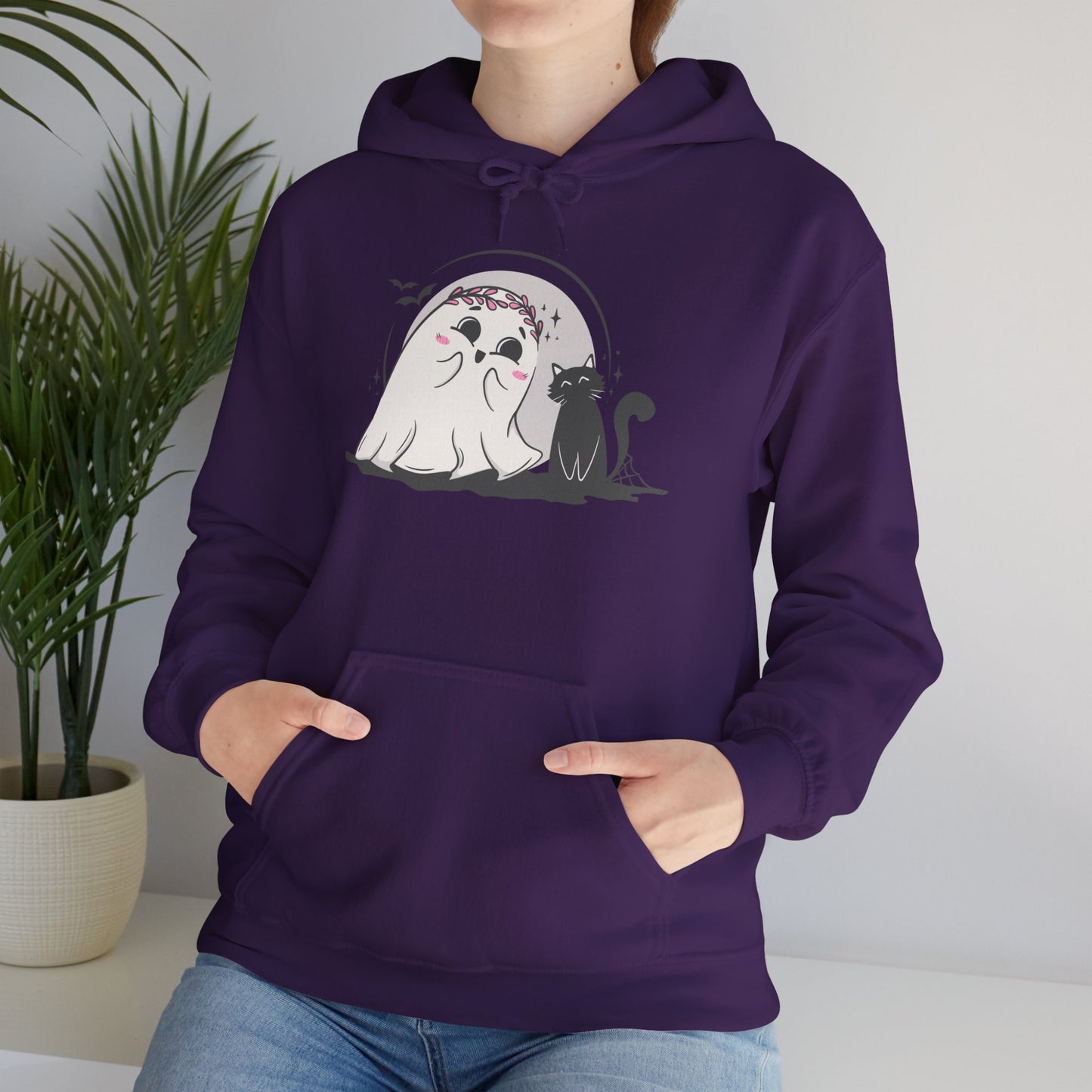Floral Ghost & Black Cat Hoodie – Cute Halloween Companions