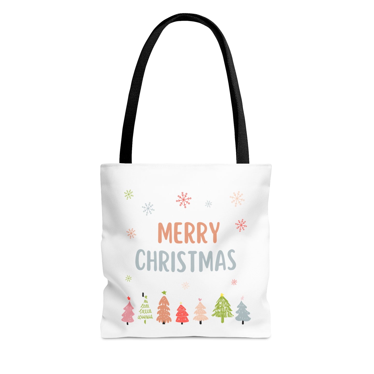 Tote Bag – “MERRY CHRISTMAS” Text with Snowflakes & Colorful Tree Row – Holiday Gift for Seasonal Shoppers